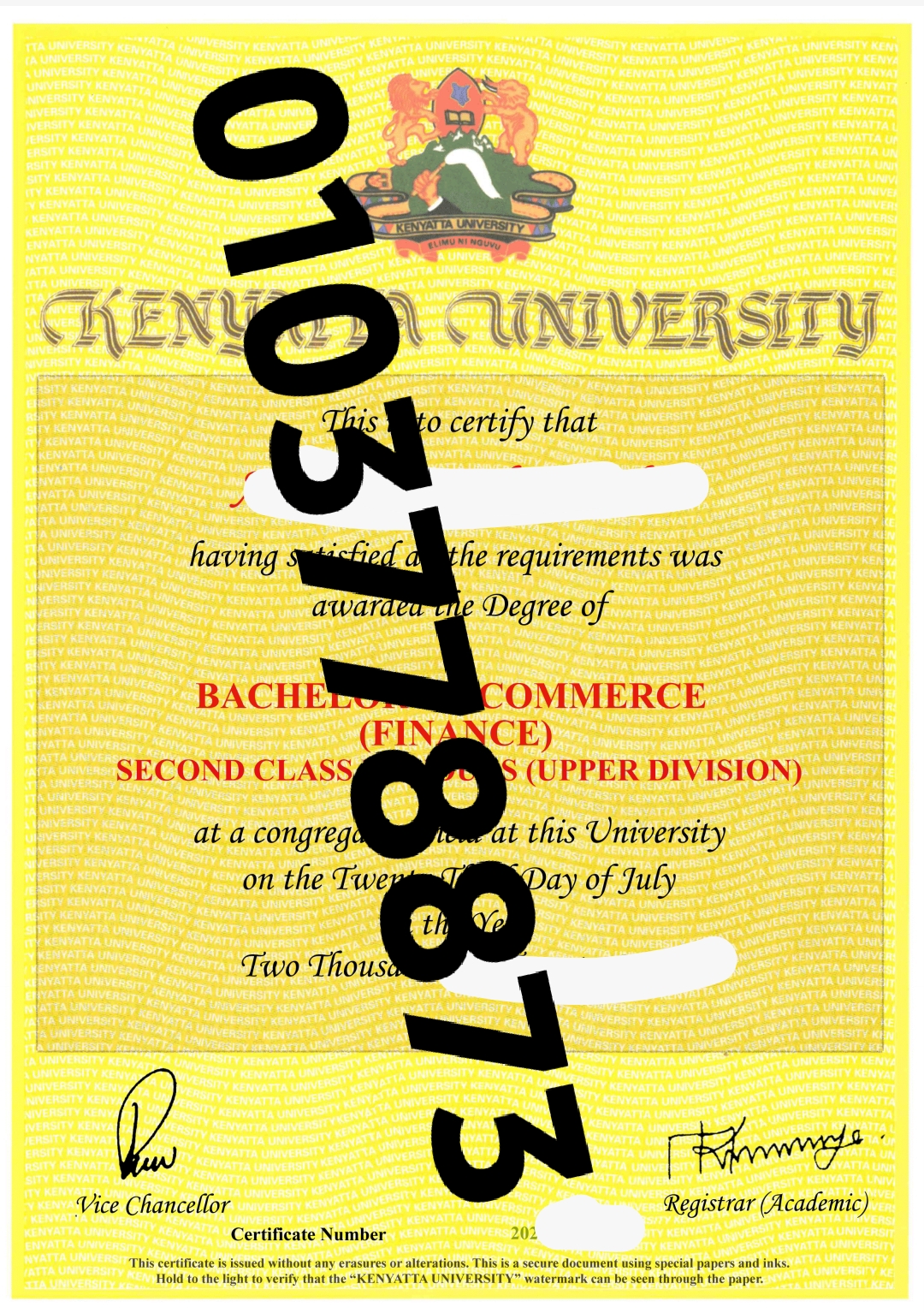 KENYATTA UNIVERSITY CERTIFICATE