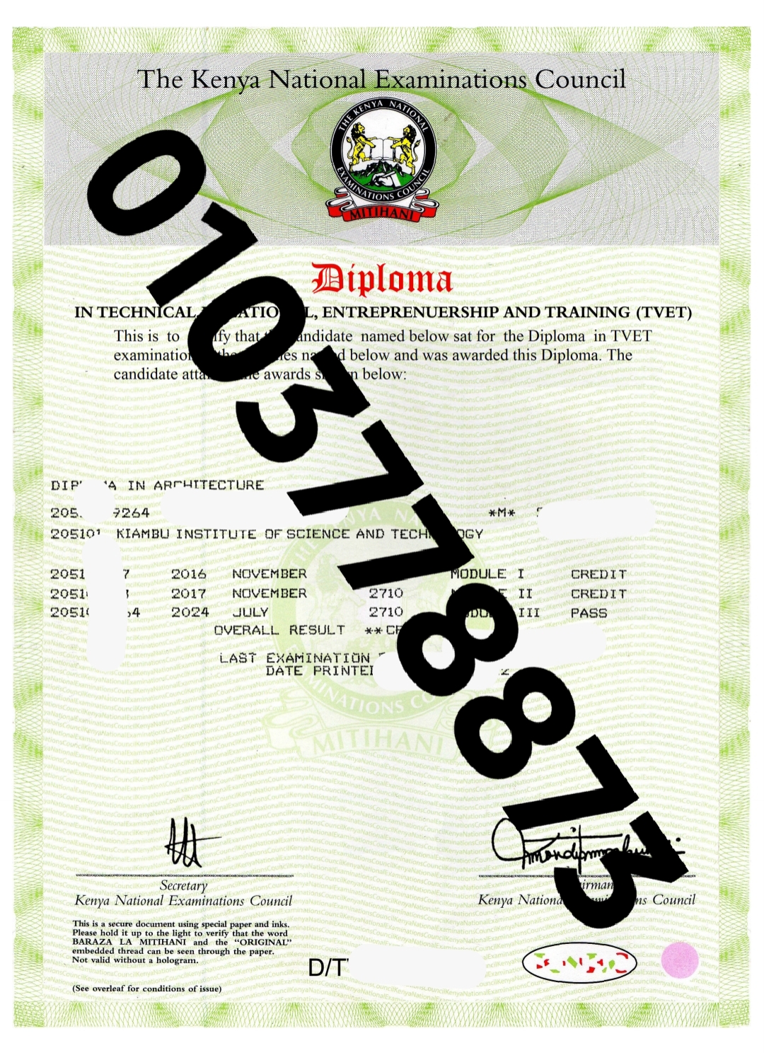 KNEC DIPLOMA CERTIFICATE