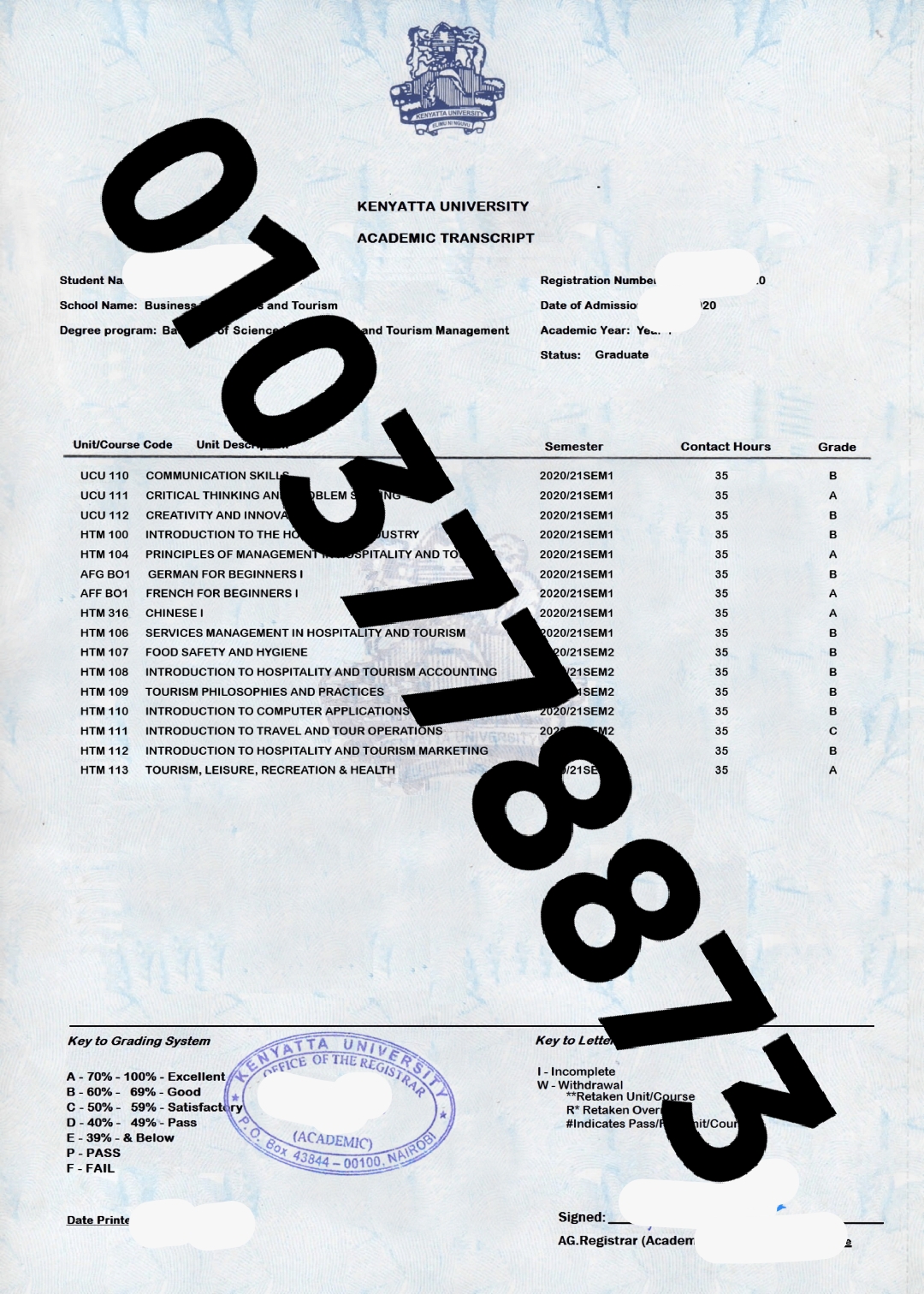 KENYATTA UNIVERSITY TRANSCRIPT